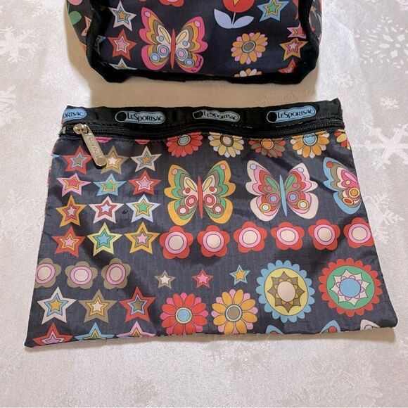 Large Lesportsac Tote Shopper & Makeup Bag Butterfly & Floral Zip Closure - Picture 5 of 6